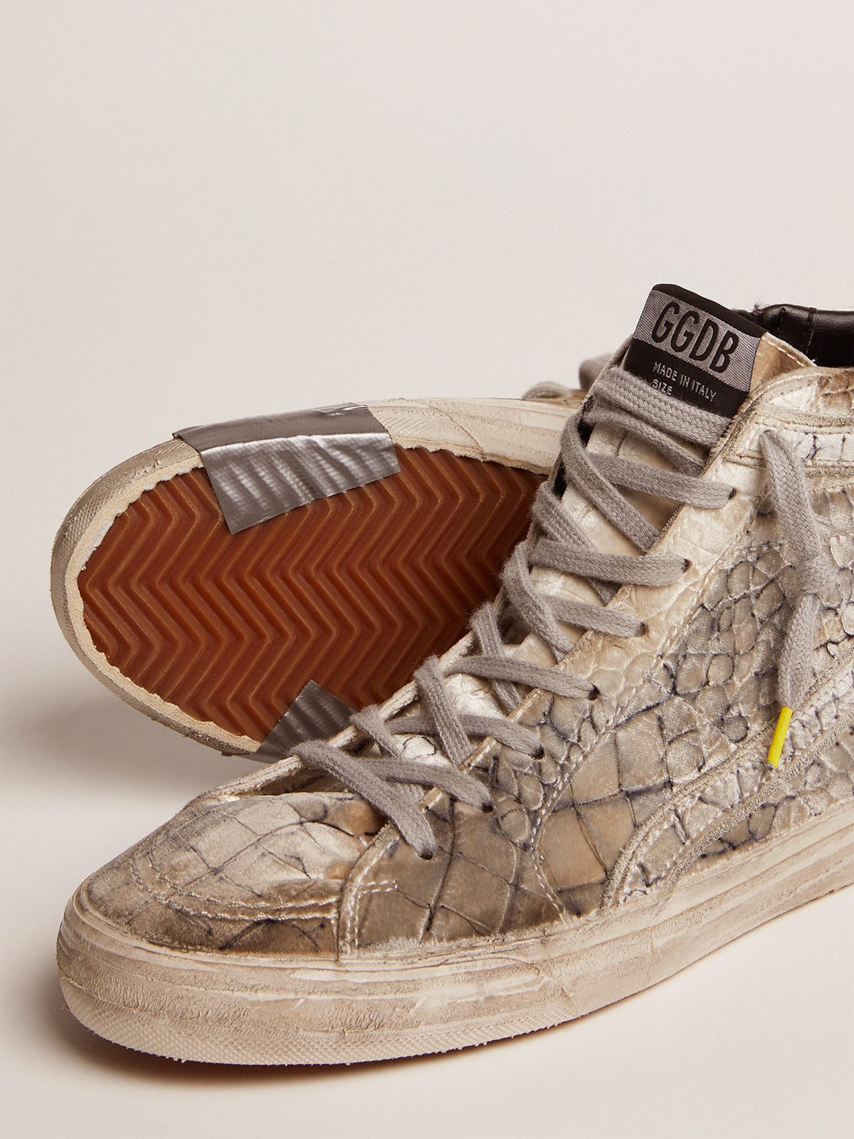 Slide LAB sneakers with silver velvet upper and crocodile print | Golden  Goose