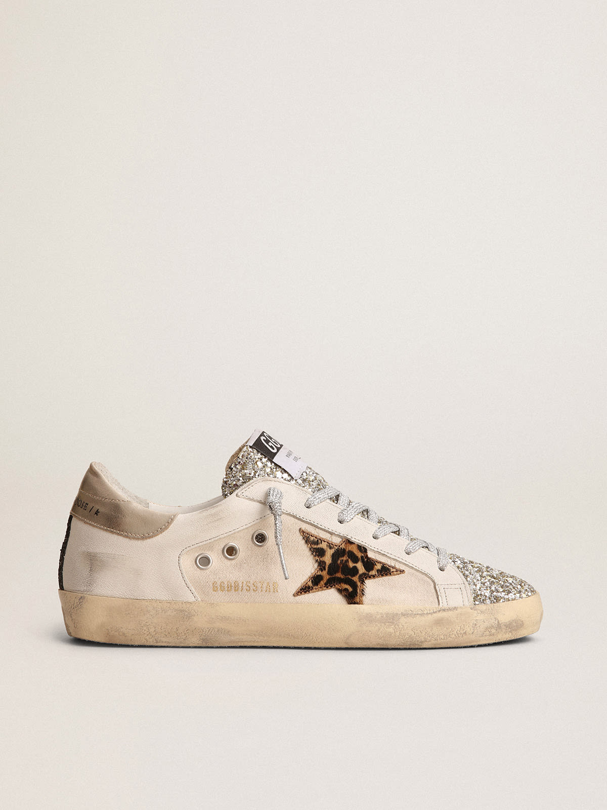 Super-Star sneakers with platinum-colored glitter tongue and