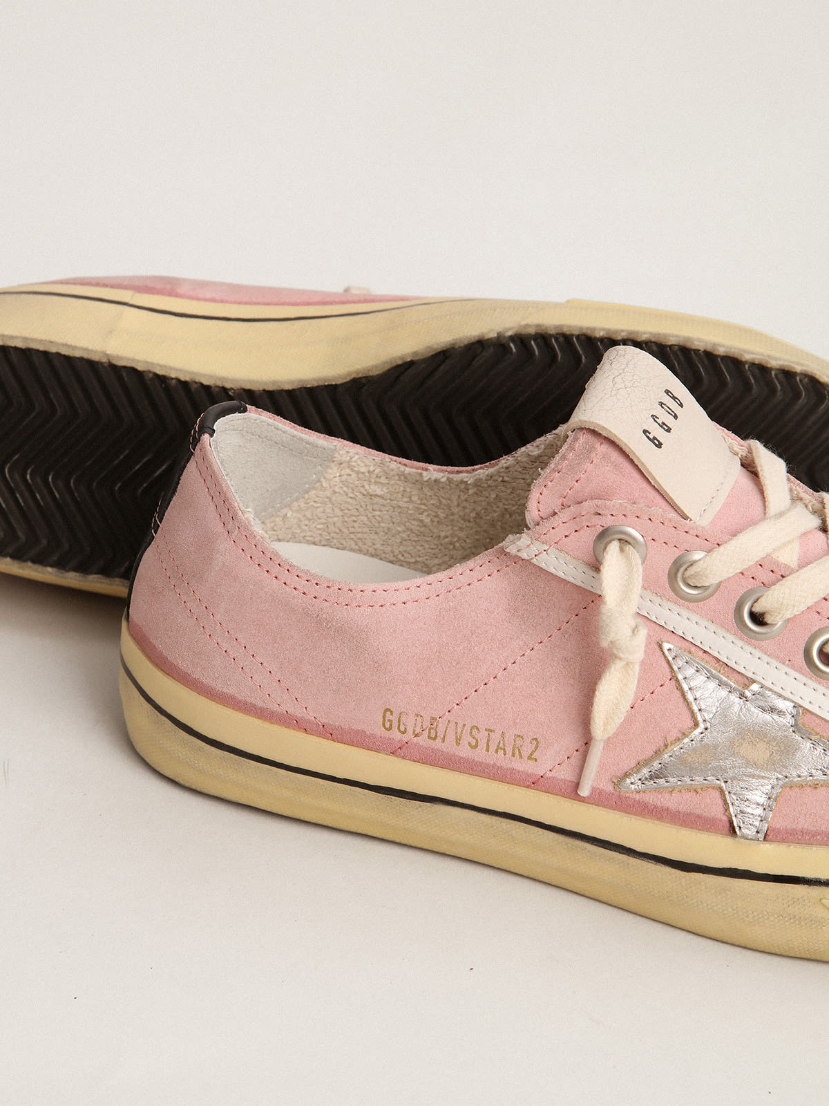 Golden Goose - Women's V-Star LTD in baby pink suede with silver star in 