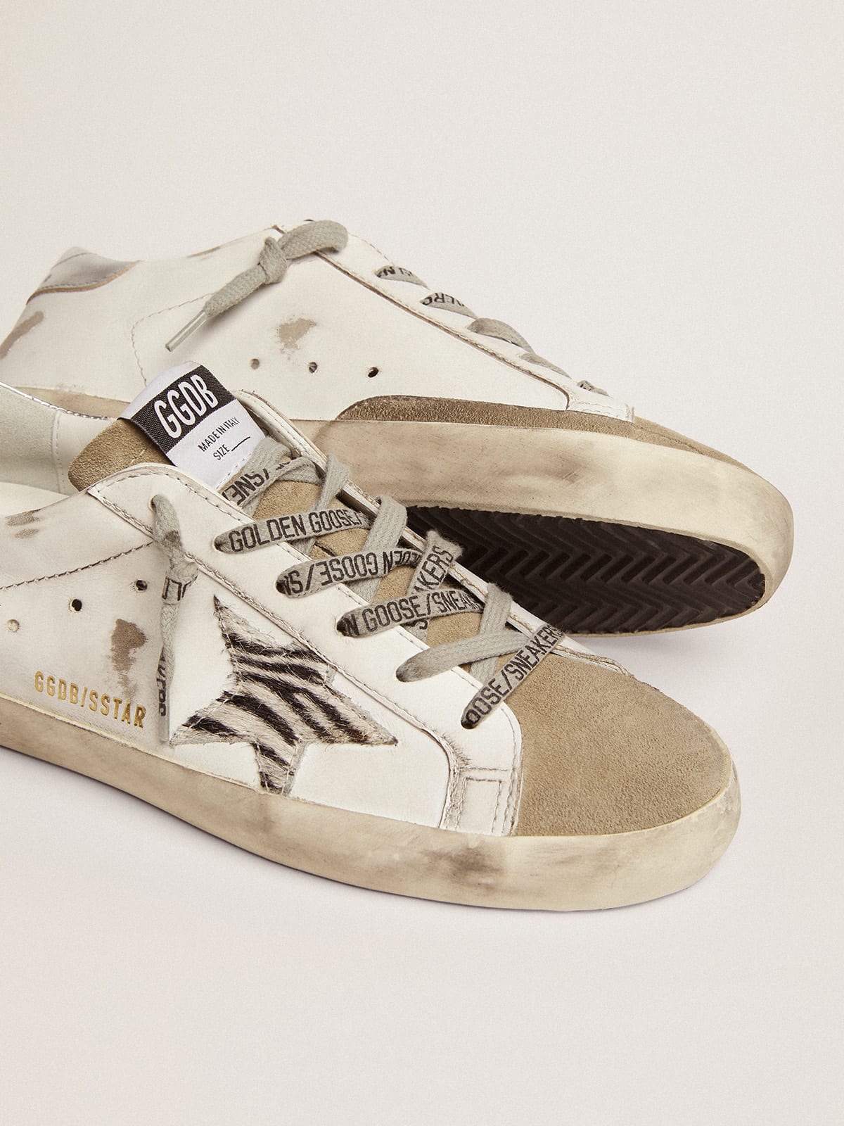 GOLDEN GOOSE Super-Star sneakers white leather-silver heel tab-zebra star-