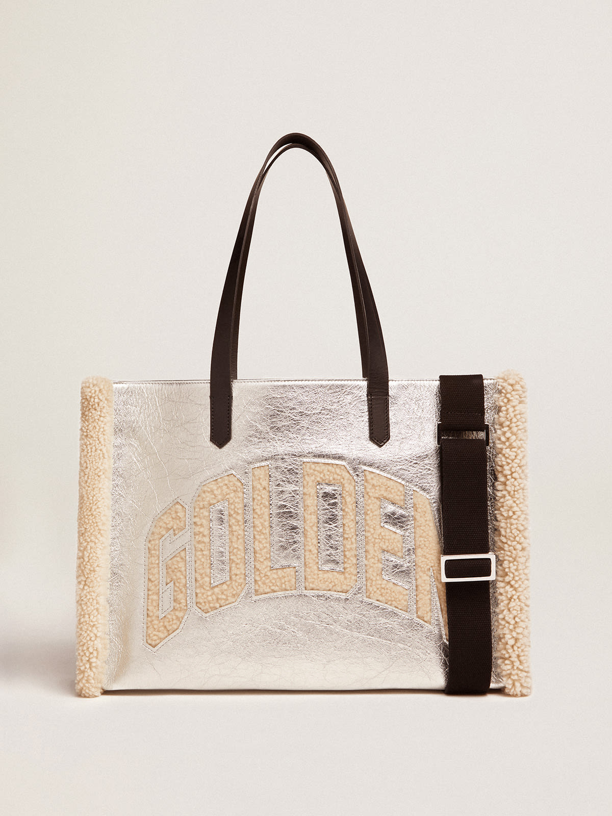 Golden Goose - Women's California Bag East-West in silver leather and wool inserts in 