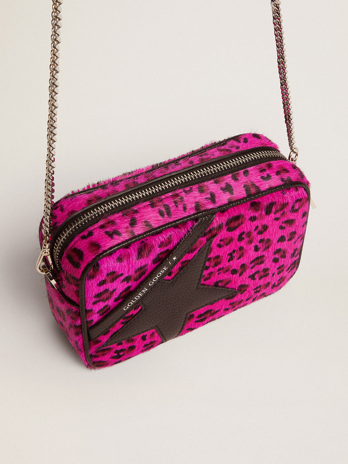 Mini Star Bag in fuchsia leopard print pony skin with black leather star