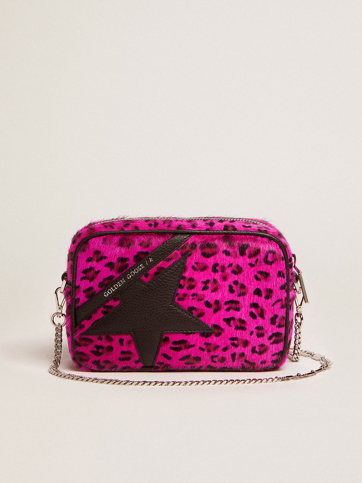 Golden Goose - Bolso Mini Star Bag de piel efecto potro con estampado leopardo fucsia y estrella de piel negra in 