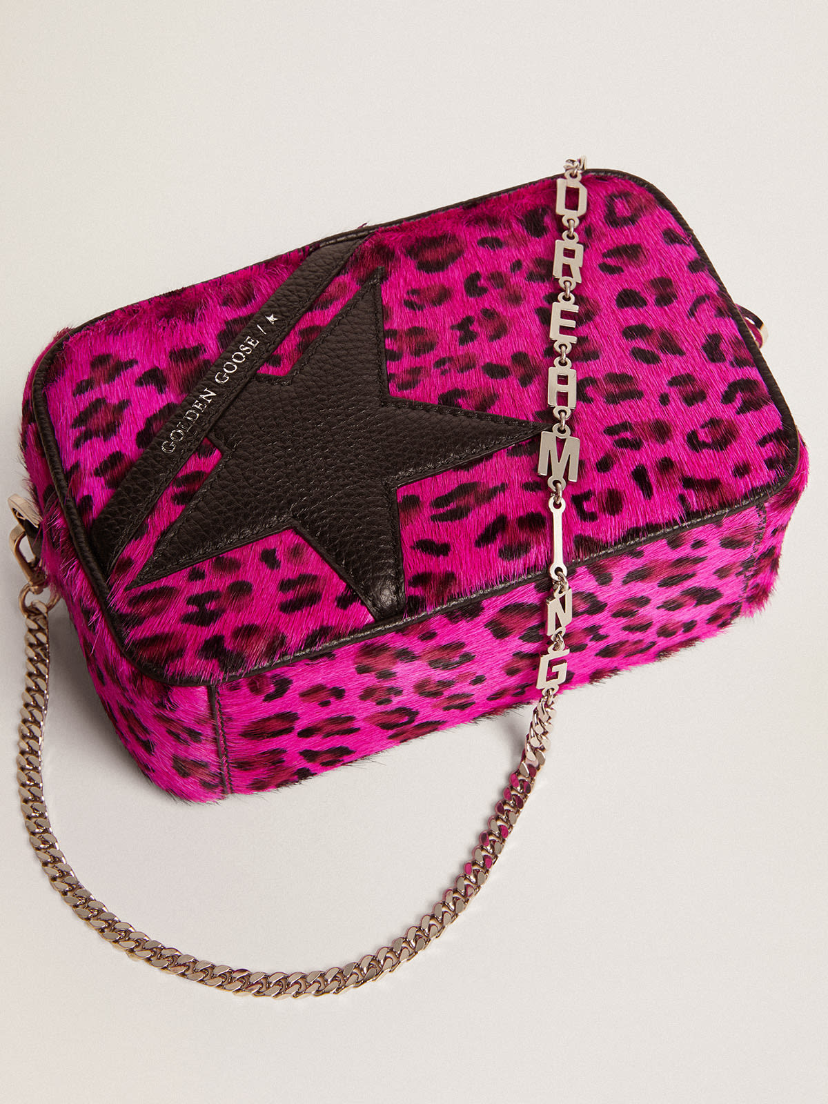 Golden Goose - Mini Star Bag in fuchsia leopard-print pony skin with black leather star in 
