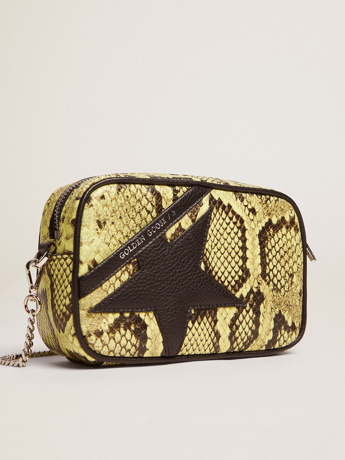 Women's Mini Star Bag in lime green snake print leather with black