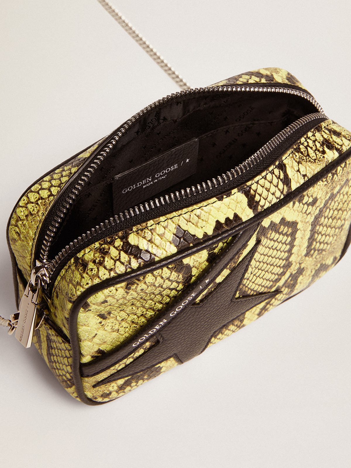 Golden Goose - Mini Star Bag in lime-colored snake-print leather with black leather star in 
