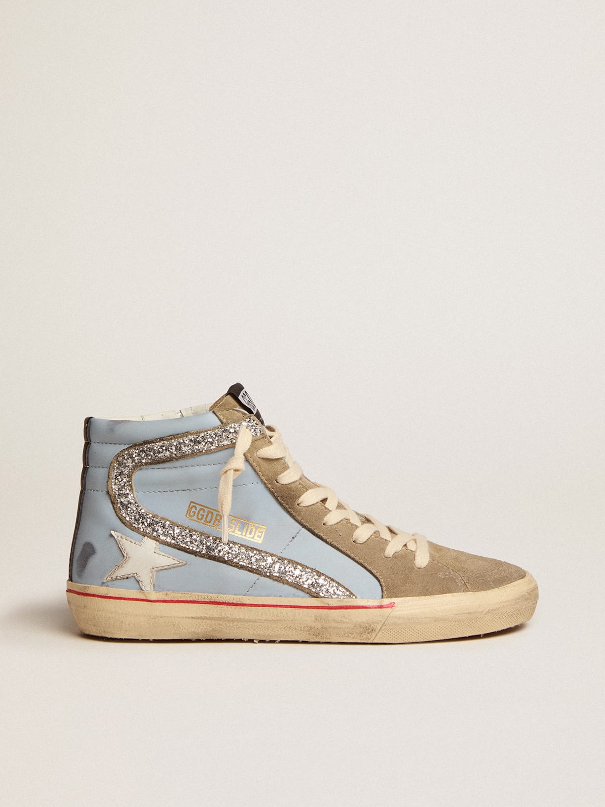 Golden Goose - Slide sneakers in powder-blue leather with dove-gray suede tongue and silver glitter flash in 