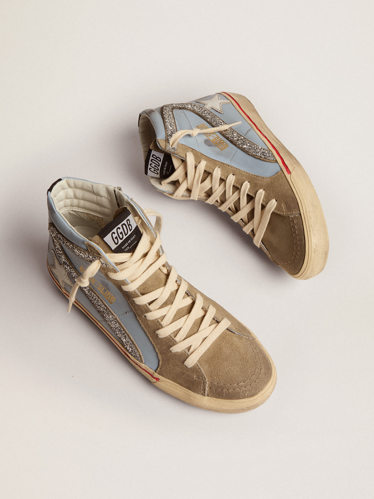 Golden Goose - Women's Slide in powder blue leather with dove gray suede tongue in 