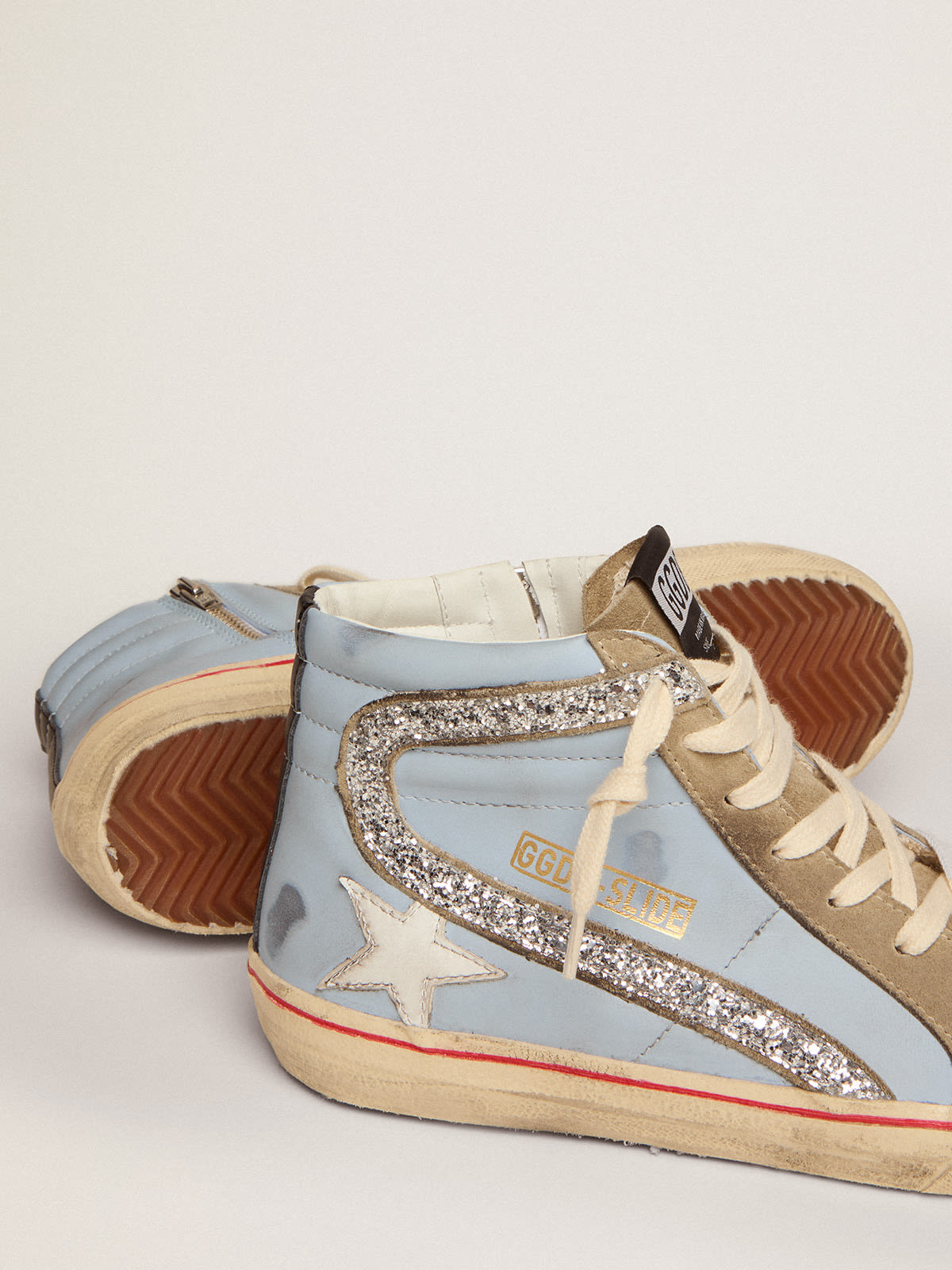 Golden Goose - Women's Slide in powder blue leather with dove gray suede tongue in 