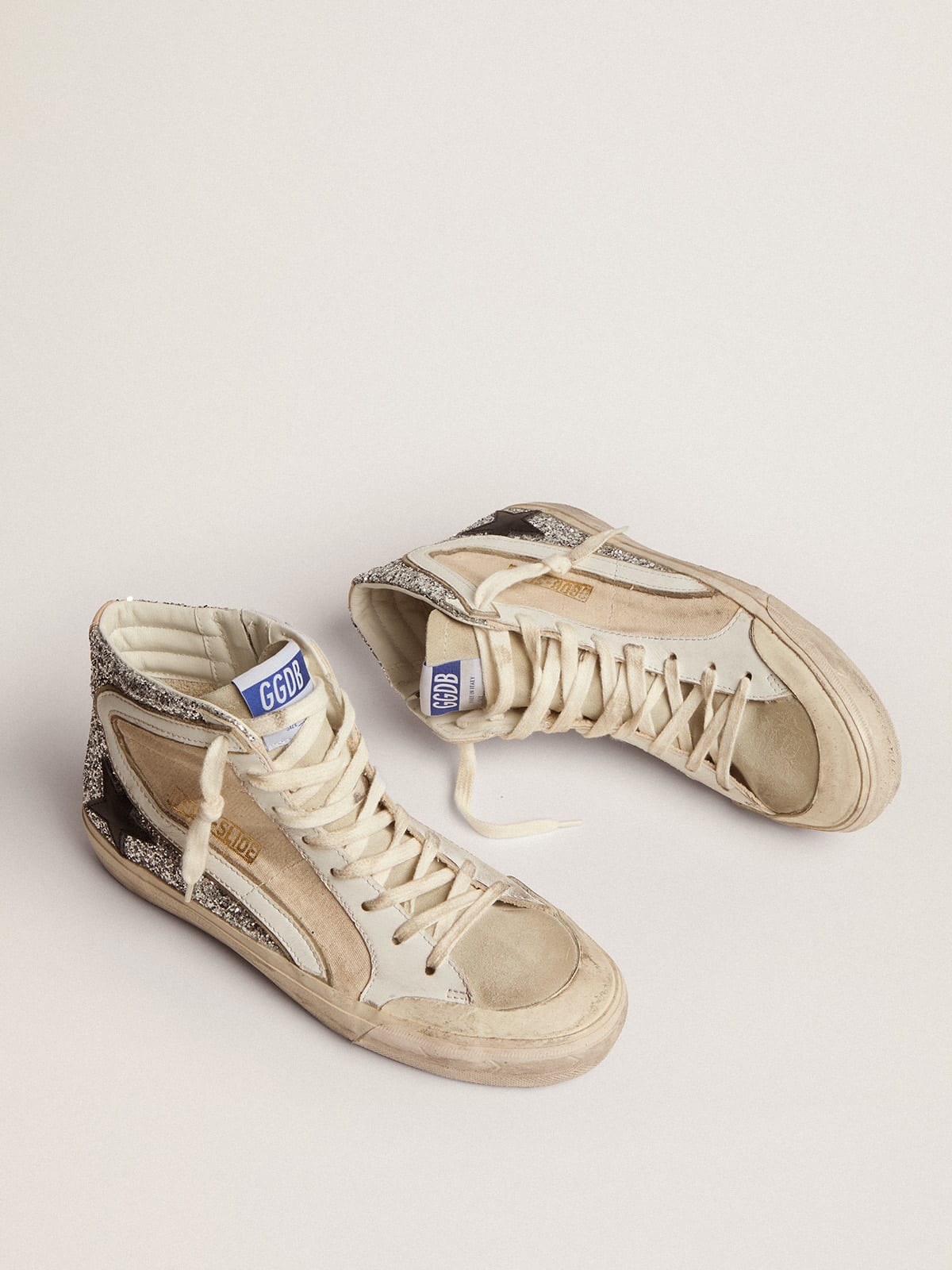 Golden Goose - Women's Slide Penstar in cream-colored canvas and silver glitter in 