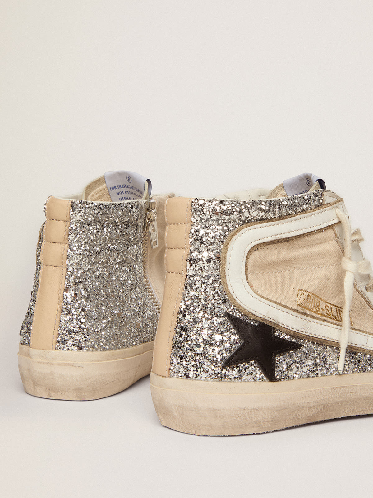 Golden Goose - Women's Slide Penstar in cream-colored canvas and silver glitter in 