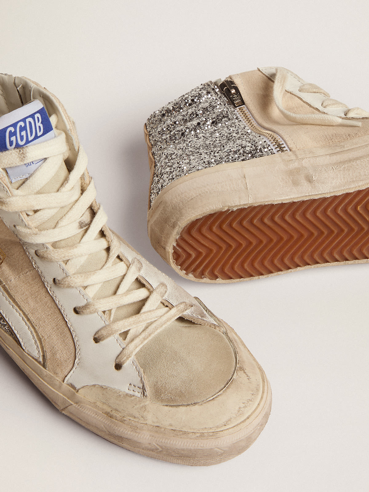 Penstar Slide sneakers in cream-colored canvas and silver glitter with ...