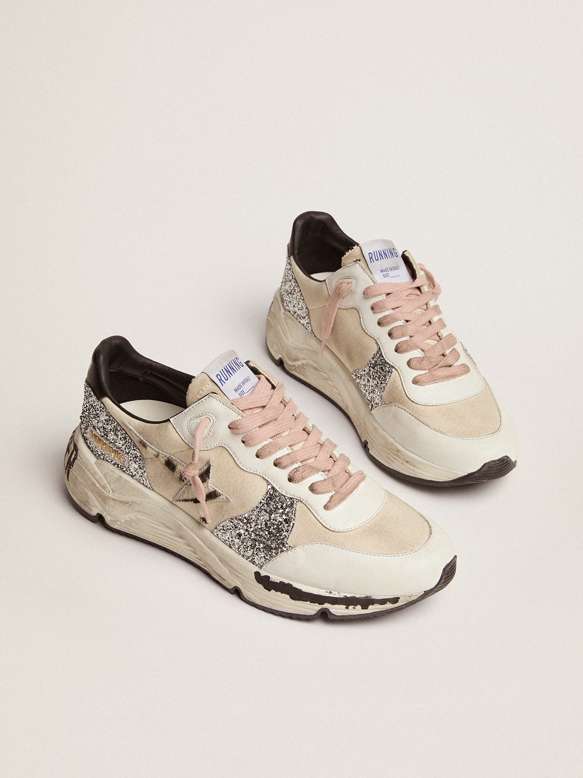 Women\'s Running Sole cream-colored upper and zebra print pony skin star |  Golden Goose