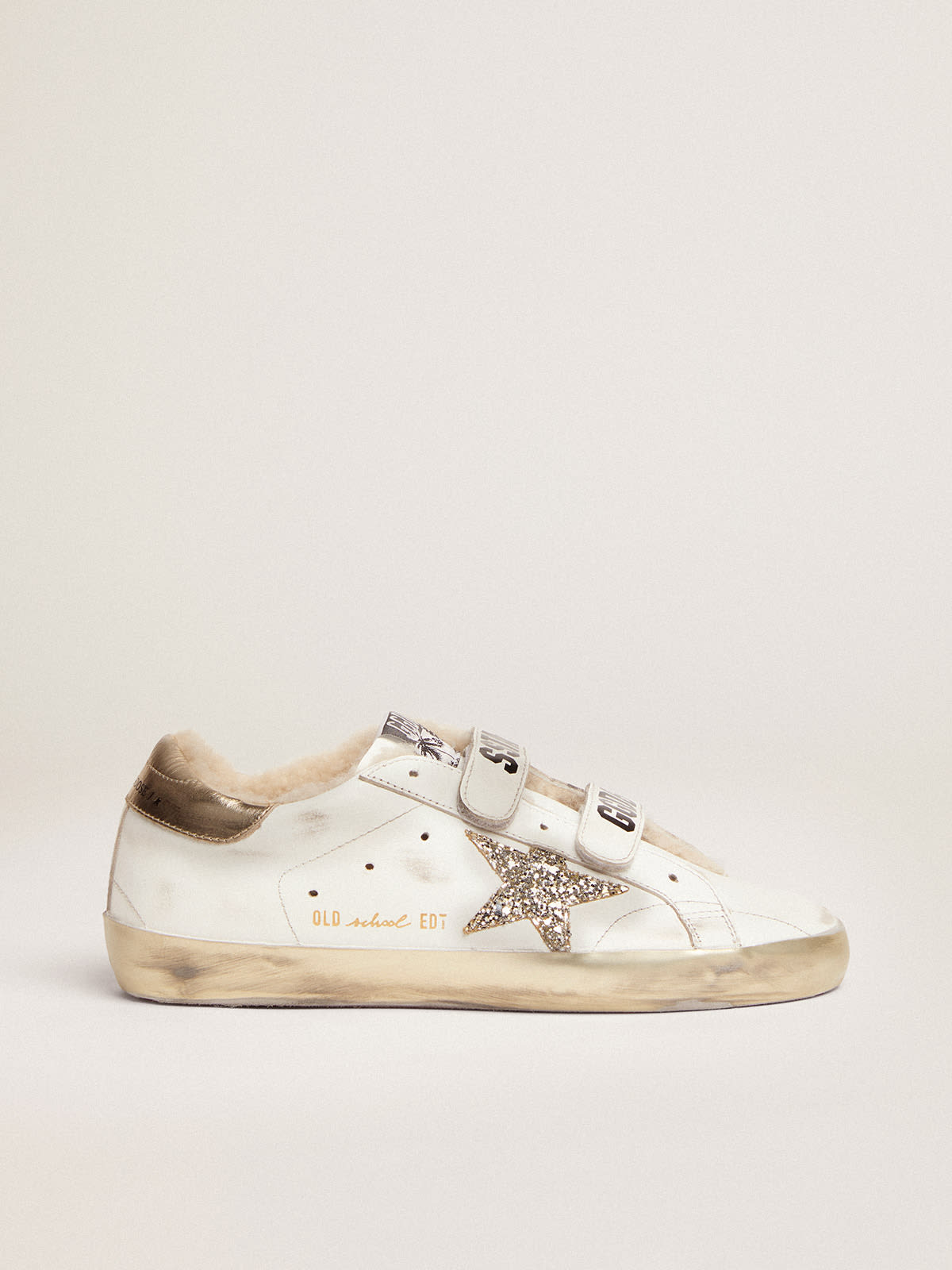 Women\'s Old School white with glitter star and shearling lining | Golden  Goose