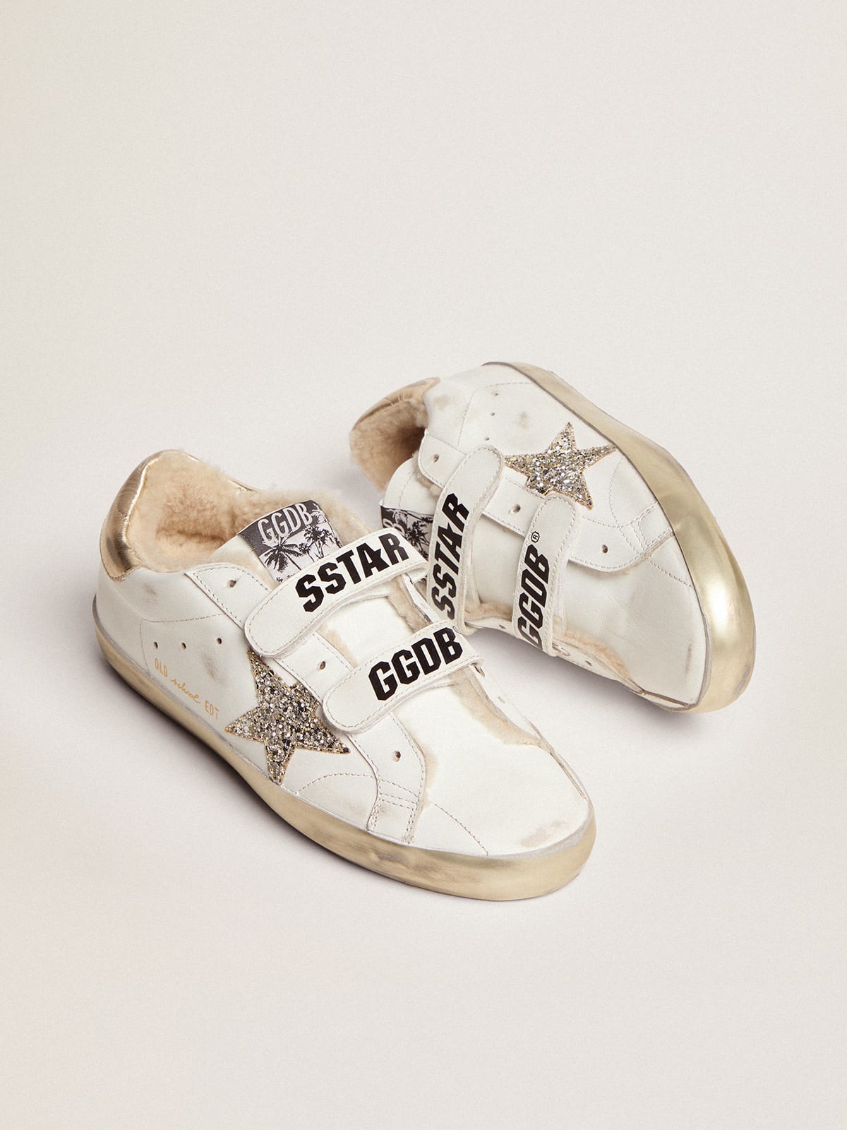 Women\'s Old School white with glitter star and shearling lining | Golden  Goose