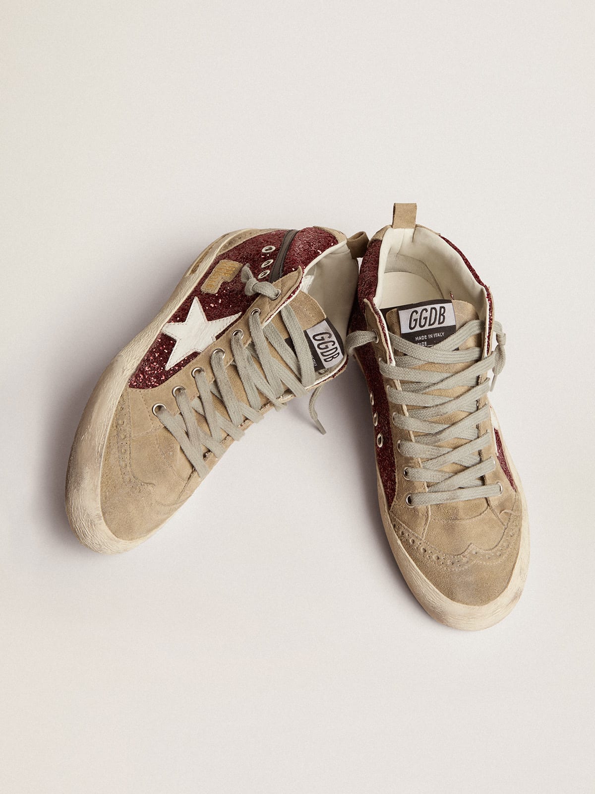 Golden Goose - Women's Mid Star in burgundy glitter with gray inserts and white star in 