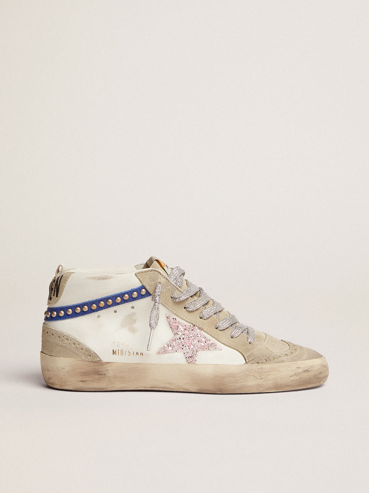 Golden Goose - Zapatillas deportivas Mid Star LTD con estrella con purpurina blanca y rosa y detalle de «coma» de piel azul con tachas color dorado in 