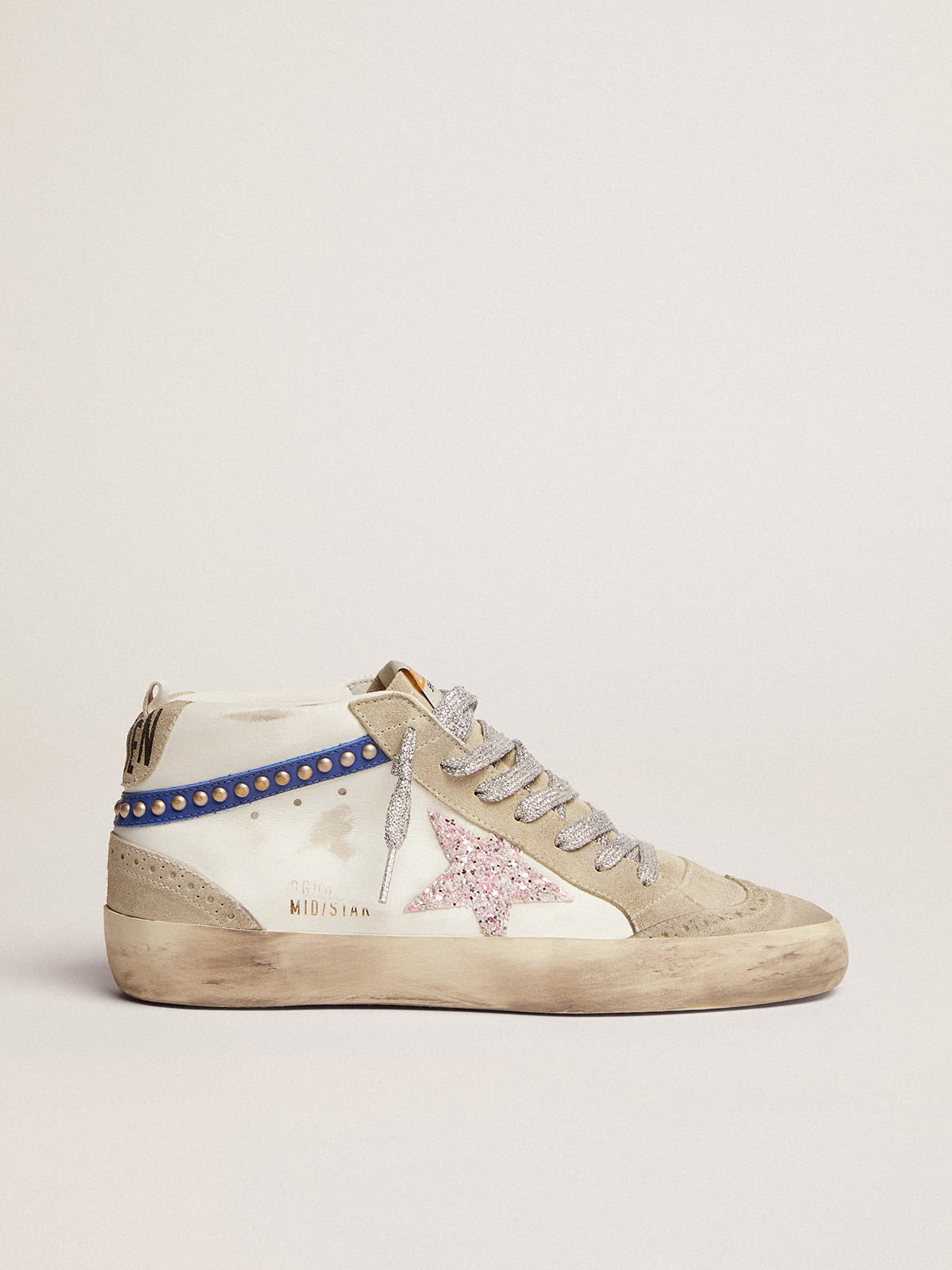 Golden Goose - Women's Mid Star LTD with glitter star and blue flash with gold studs in 