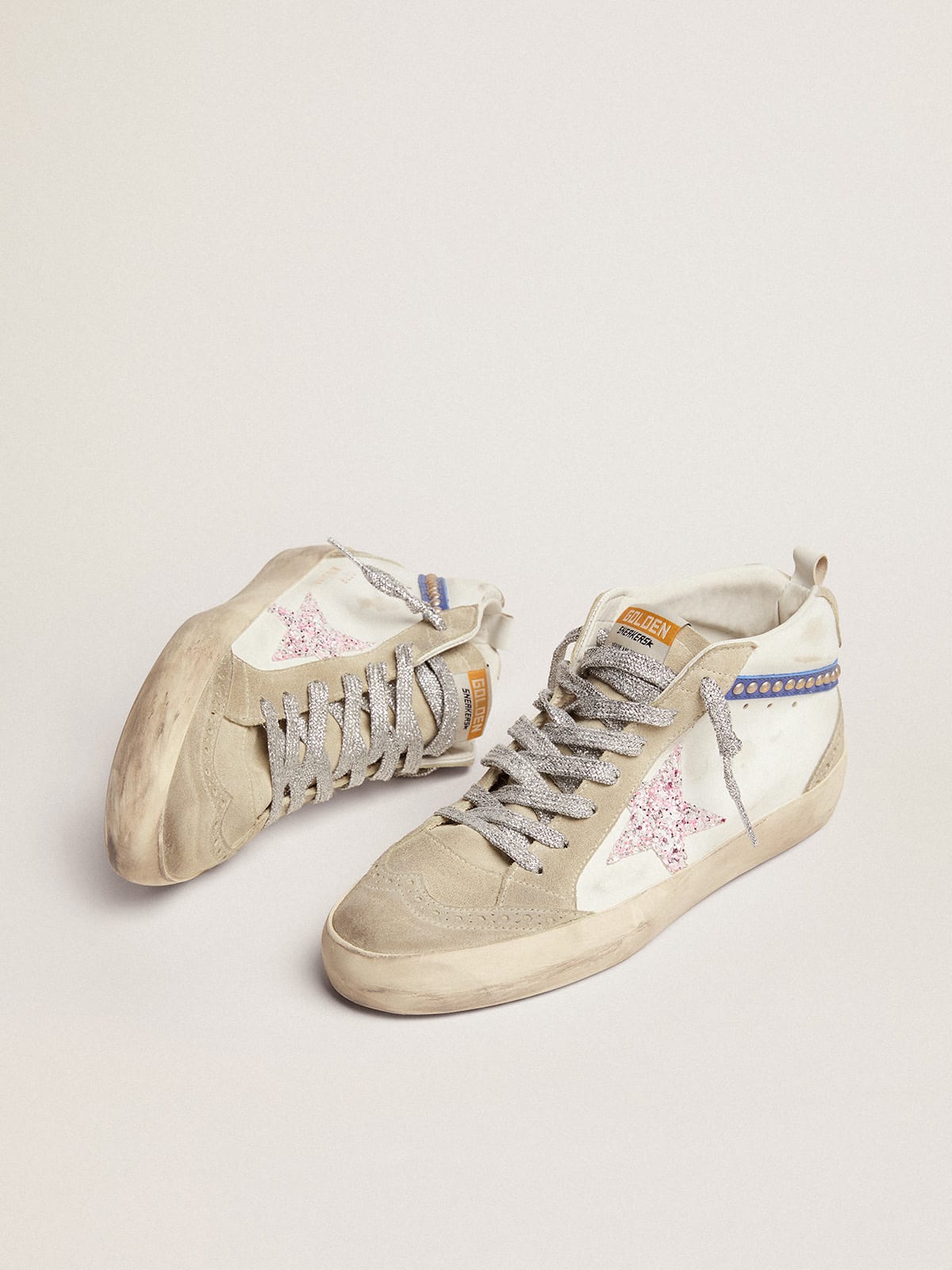 Golden Goose - Women's Mid Star LTD with glitter star and blue flash with gold studs in 