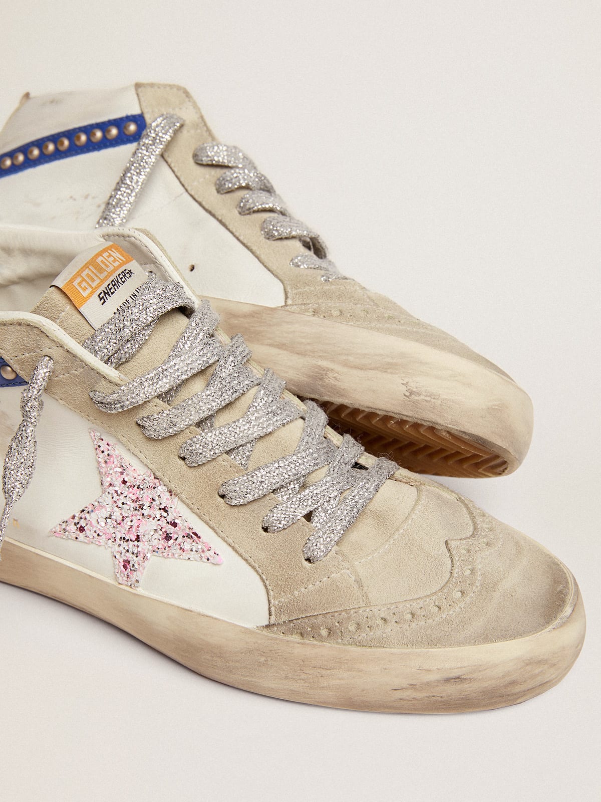 Golden Goose - Women's Mid Star LTD with glitter star and blue flash with gold studs in 