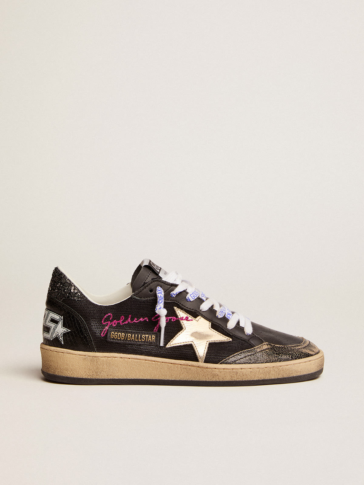 Golden Goose - Women's Ball Star in black canvas with platinum star in 