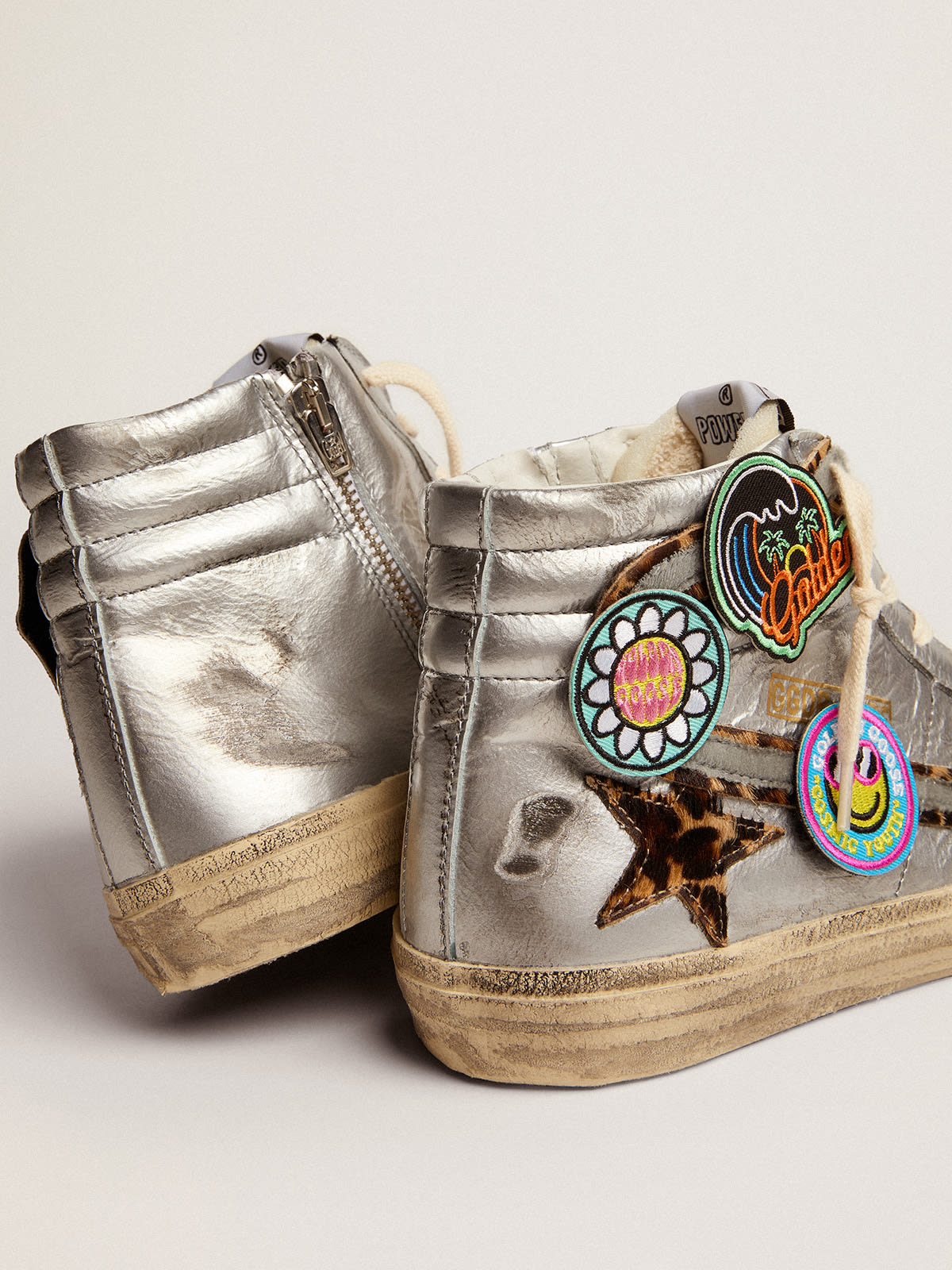 Golden Goose - Slide sneakers in silver laminated leather with leopard-print pony skin star and flash with detachable multicolored patches in 