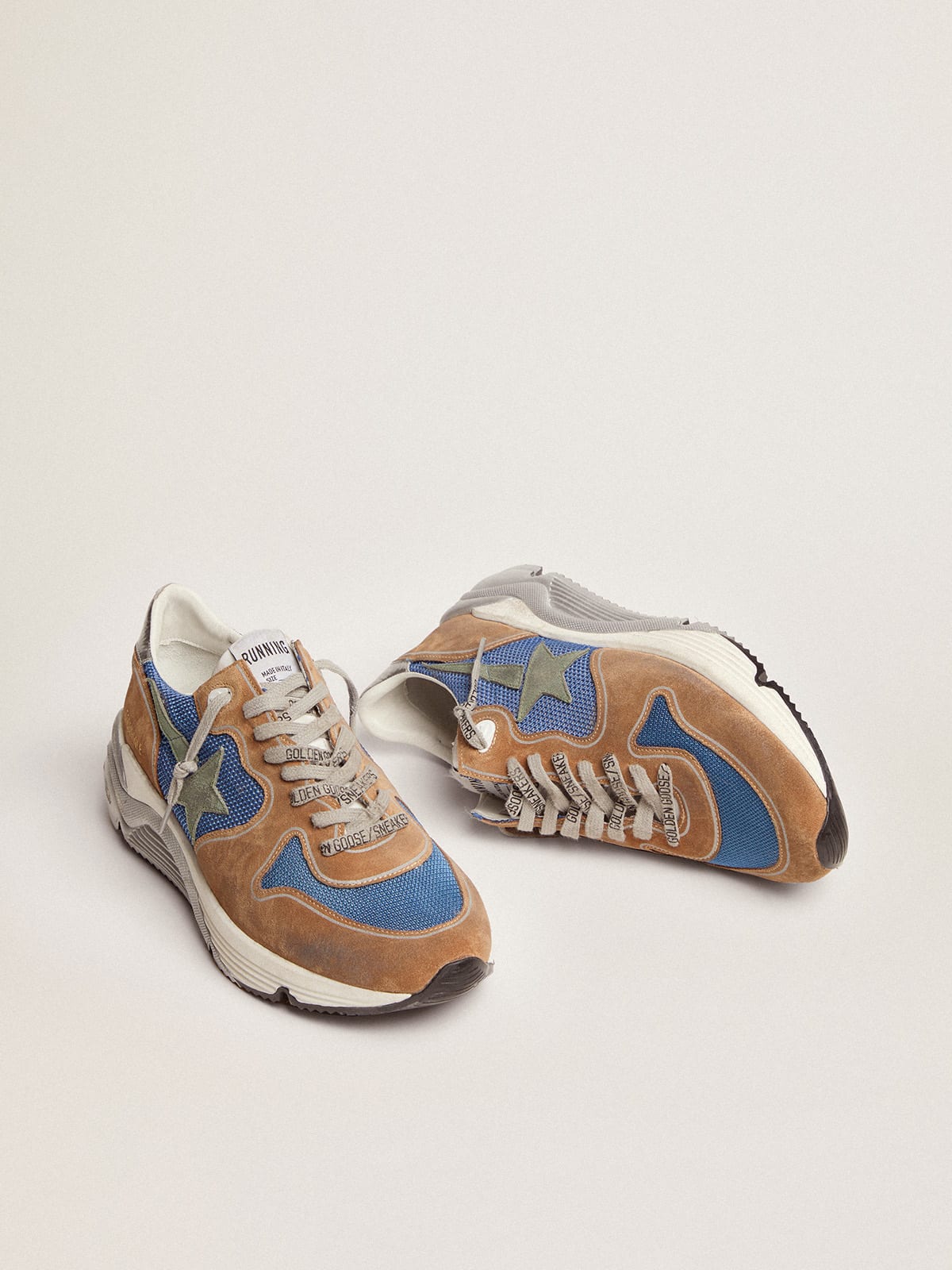 Golden Goose - Running Sole sneakers in light blue mesh with tobacco-colored suede inserts and military-green suede star in 
