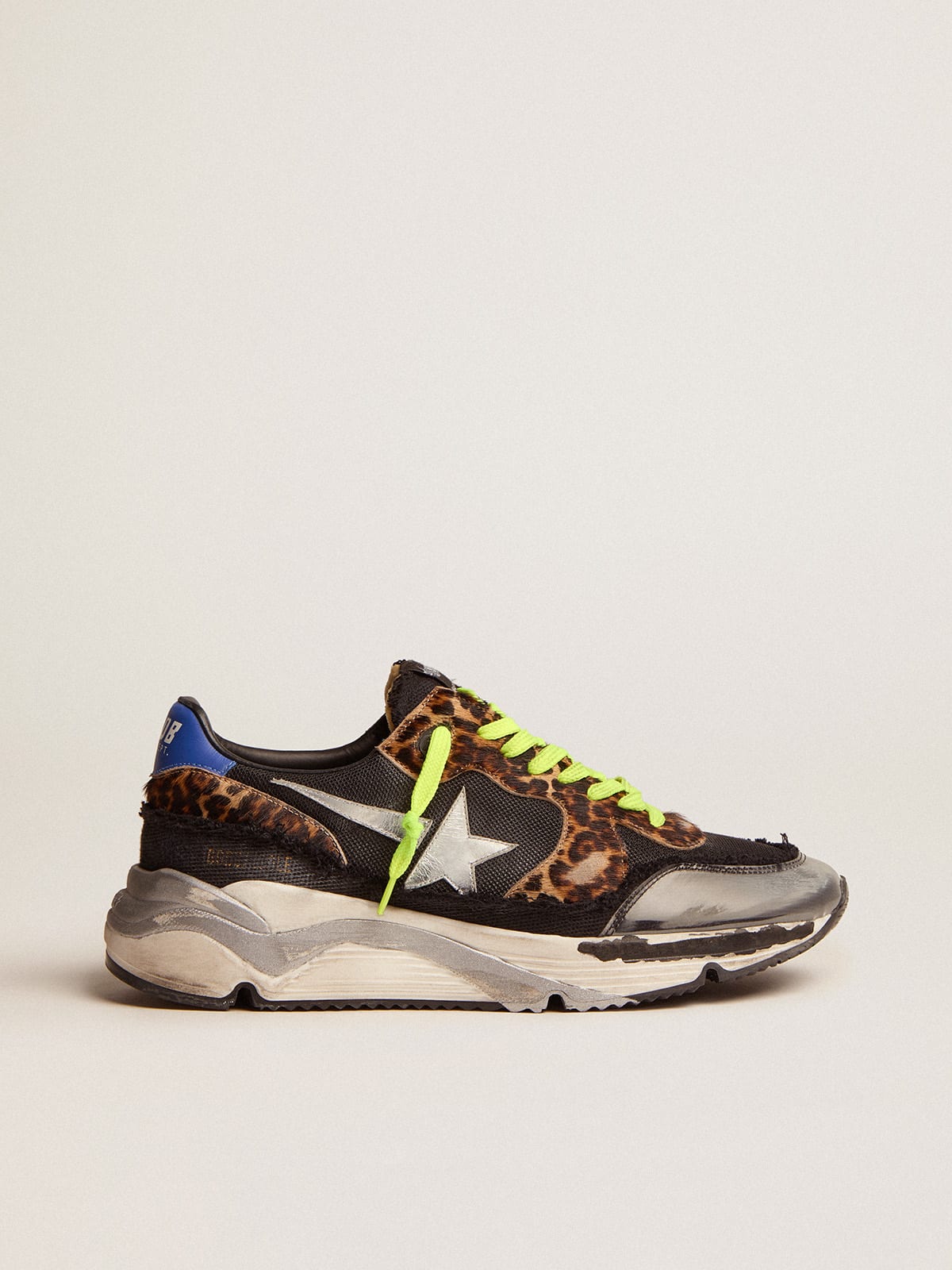 Golden Goose - Running Sole LTD sneakers in black mesh with leopard-print pony skin inserts and silver laminated leather star in 