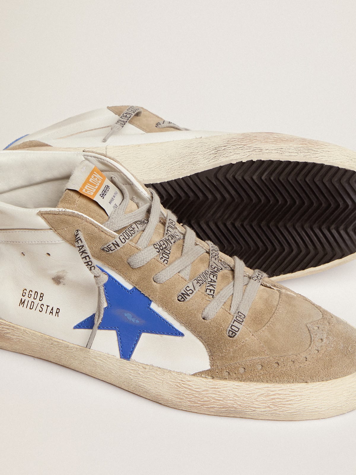 Golden Goose - Men's Mid Star in white leather with blue star and dove gray inserts in 