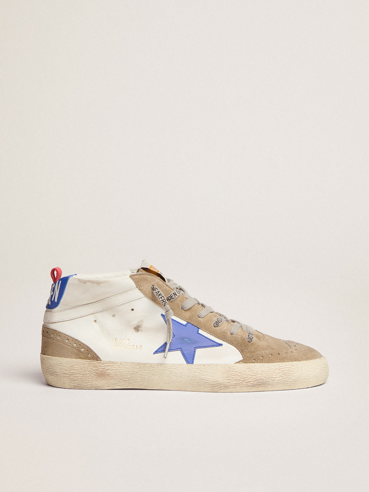 Golden Goose - Men's Mid Star in white leather with blue star and dove gray inserts in 