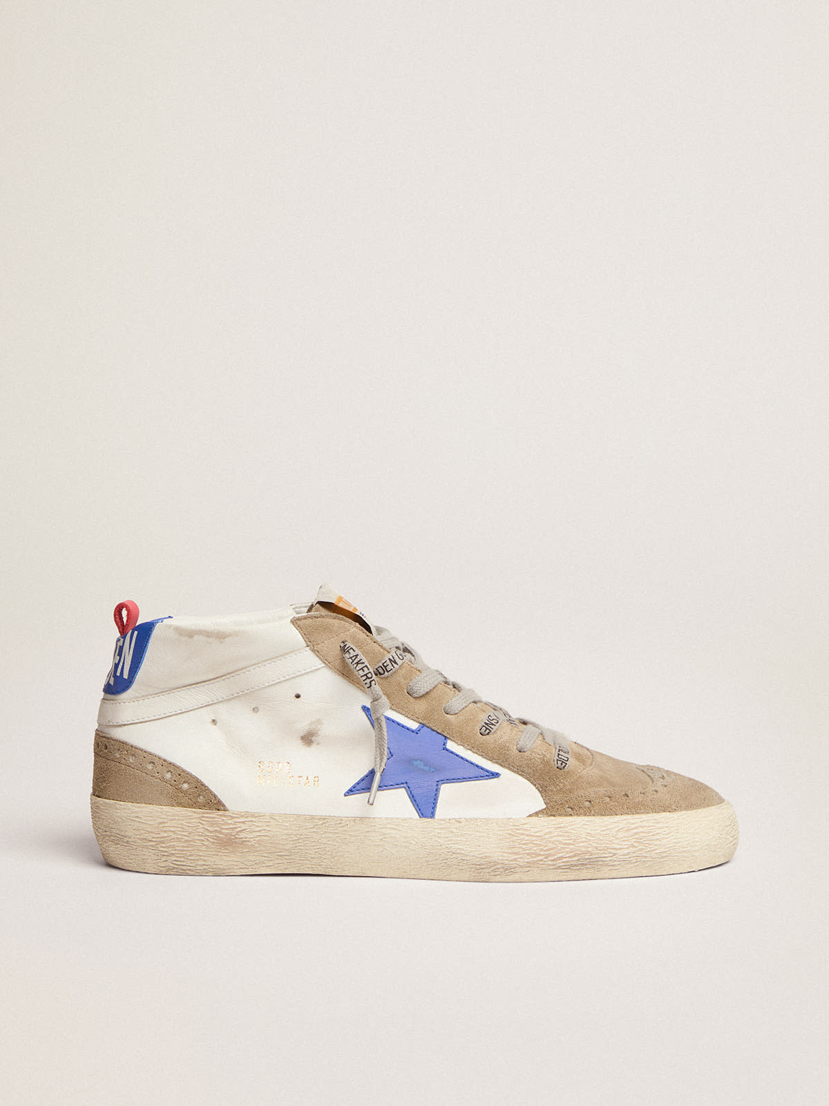 Men's Mid Star in white leather with blue star and dove gray inserts