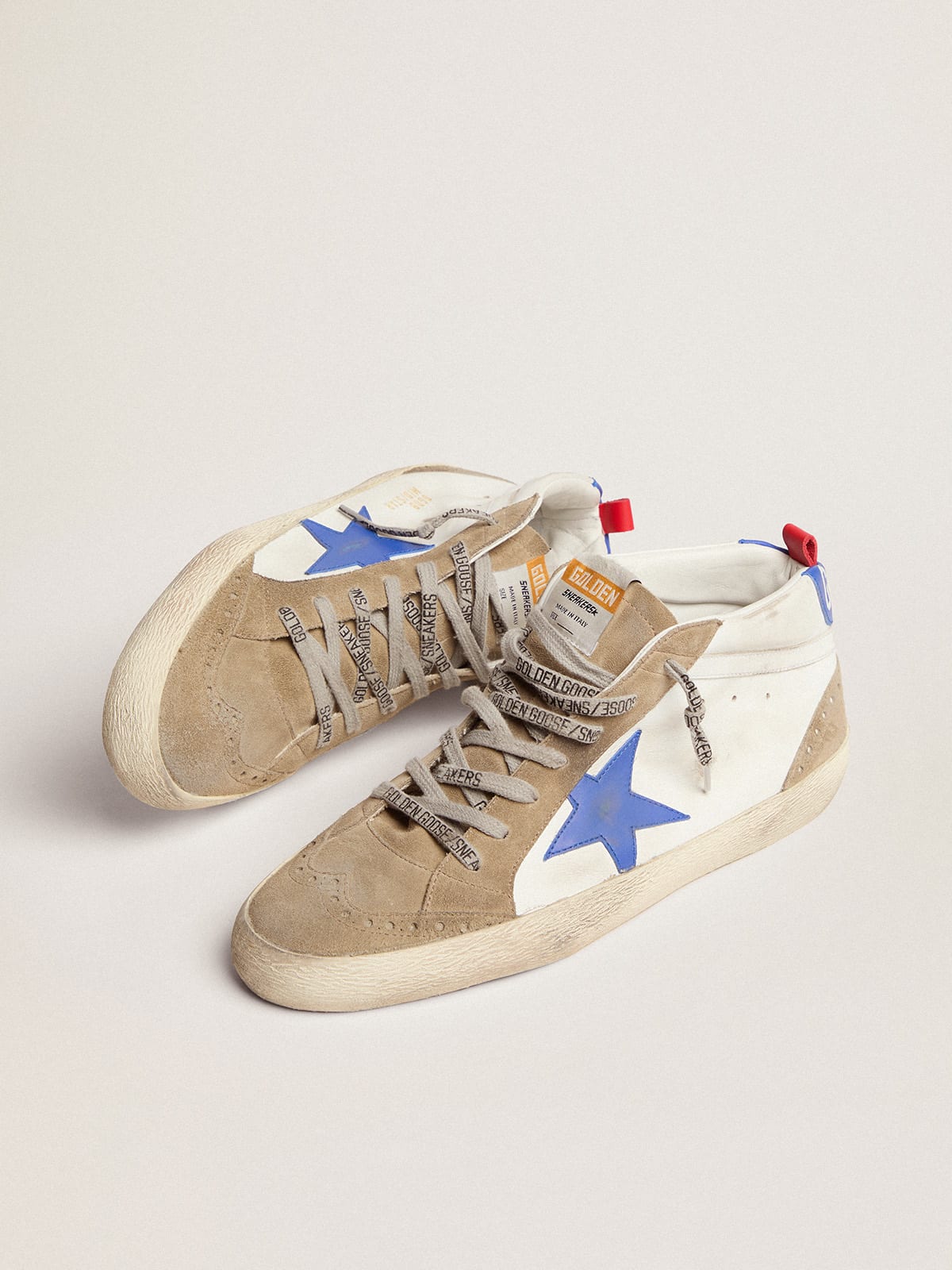 Golden Goose - Mid Star sneakers in white leather with blue star and dove-gray inserts in 