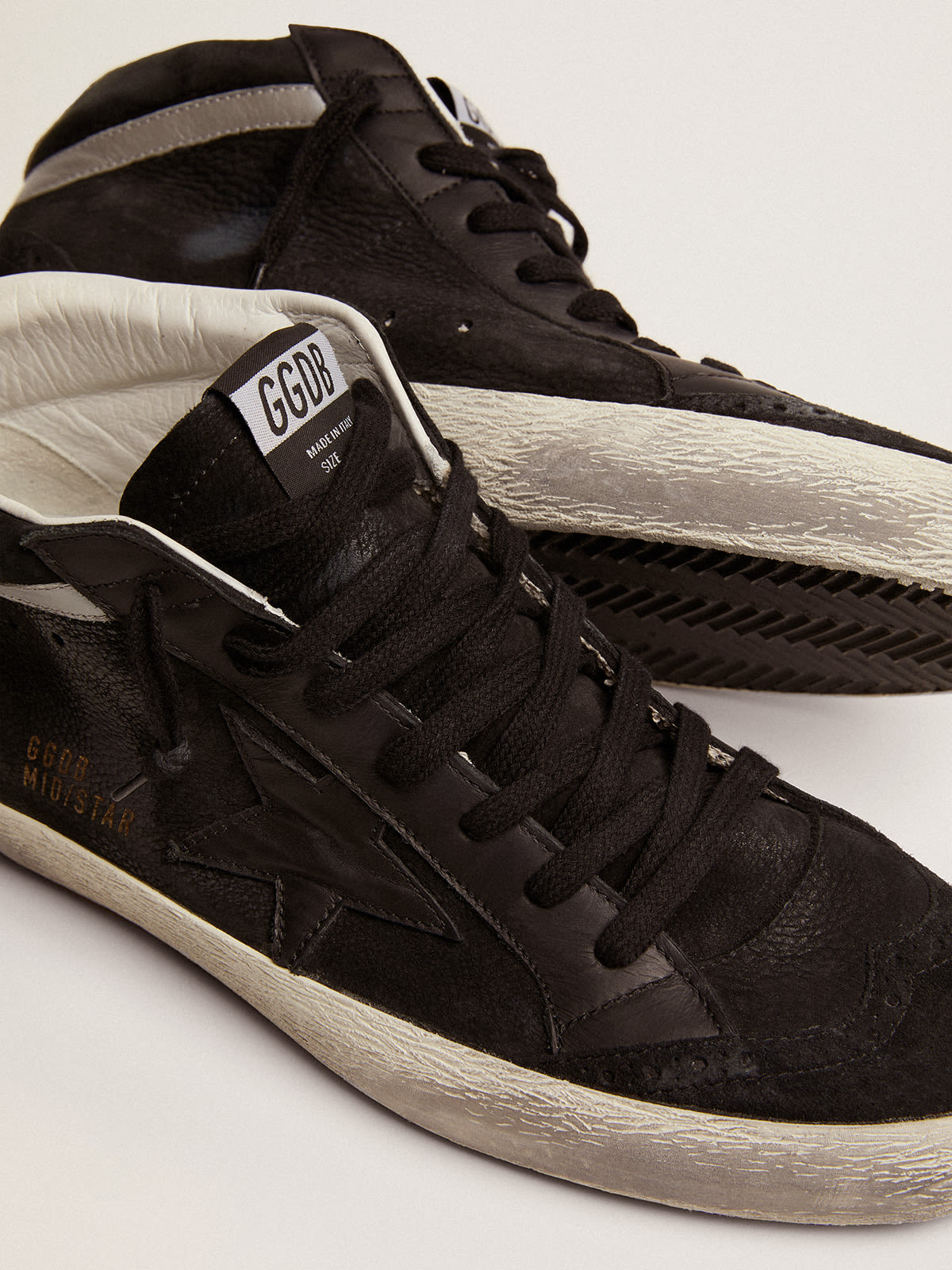 Mid Star sneakers in black nubuck with star and silver laminated leather flash | Golden Goose