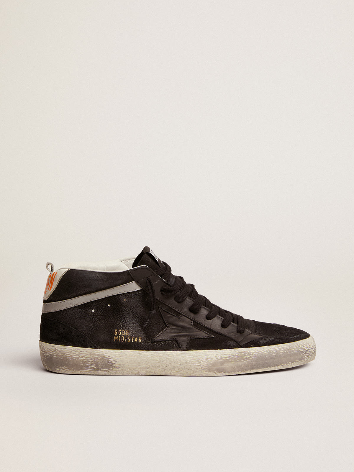 Golden Goose - Mid Star sneakers in black nubuck with black leather star and silver laminated leather flash in 