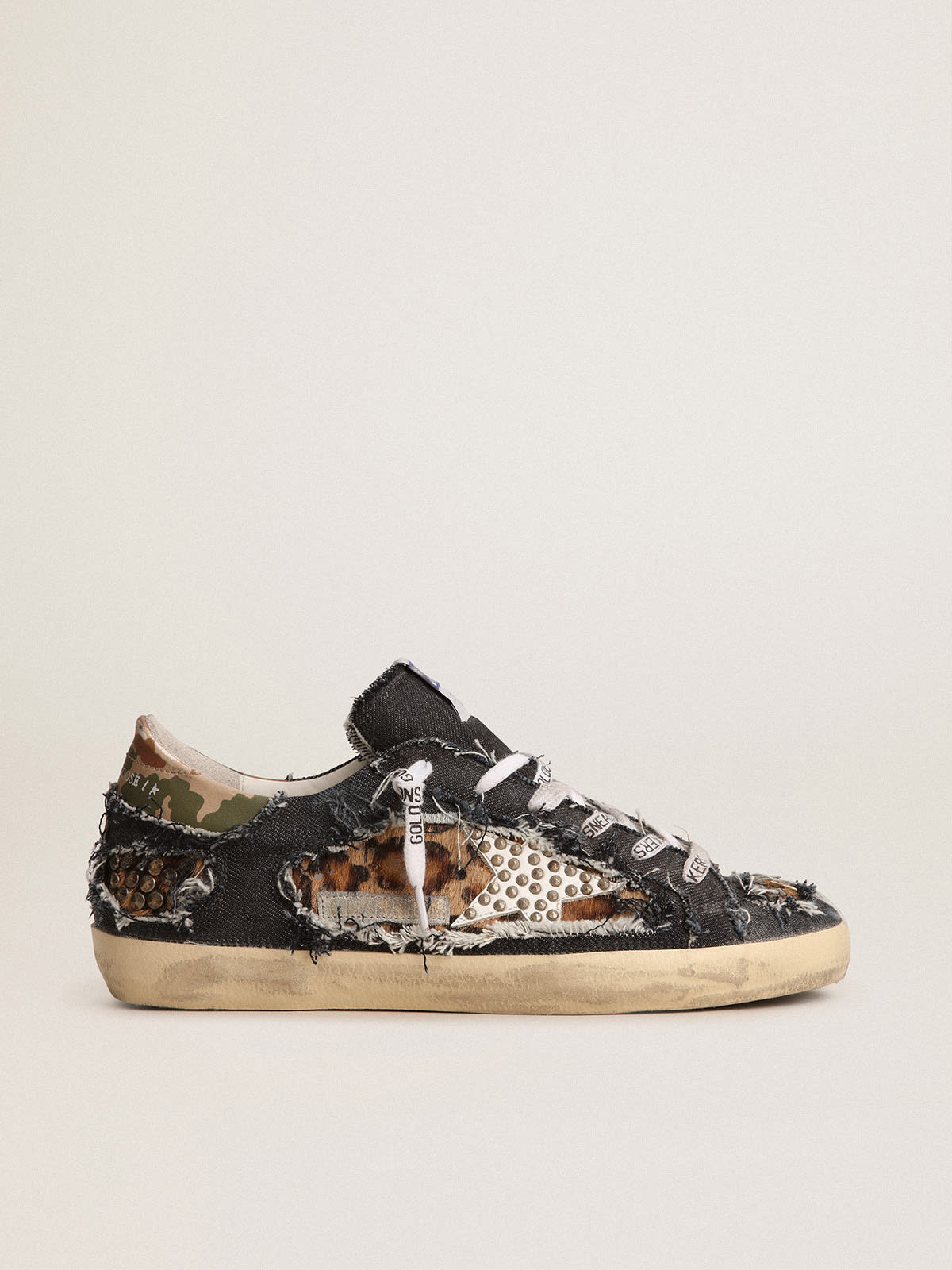 Women’s Super-Star LAB sneakers in denim and leopard-print pony skin