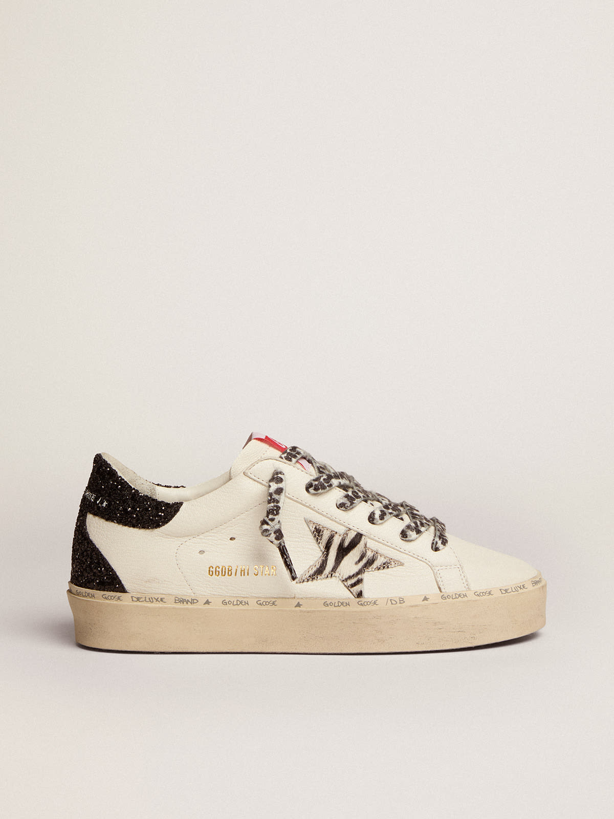 Golden Goose - Women's Hi Star with zebra print pony skin star and glitter heel tab in 