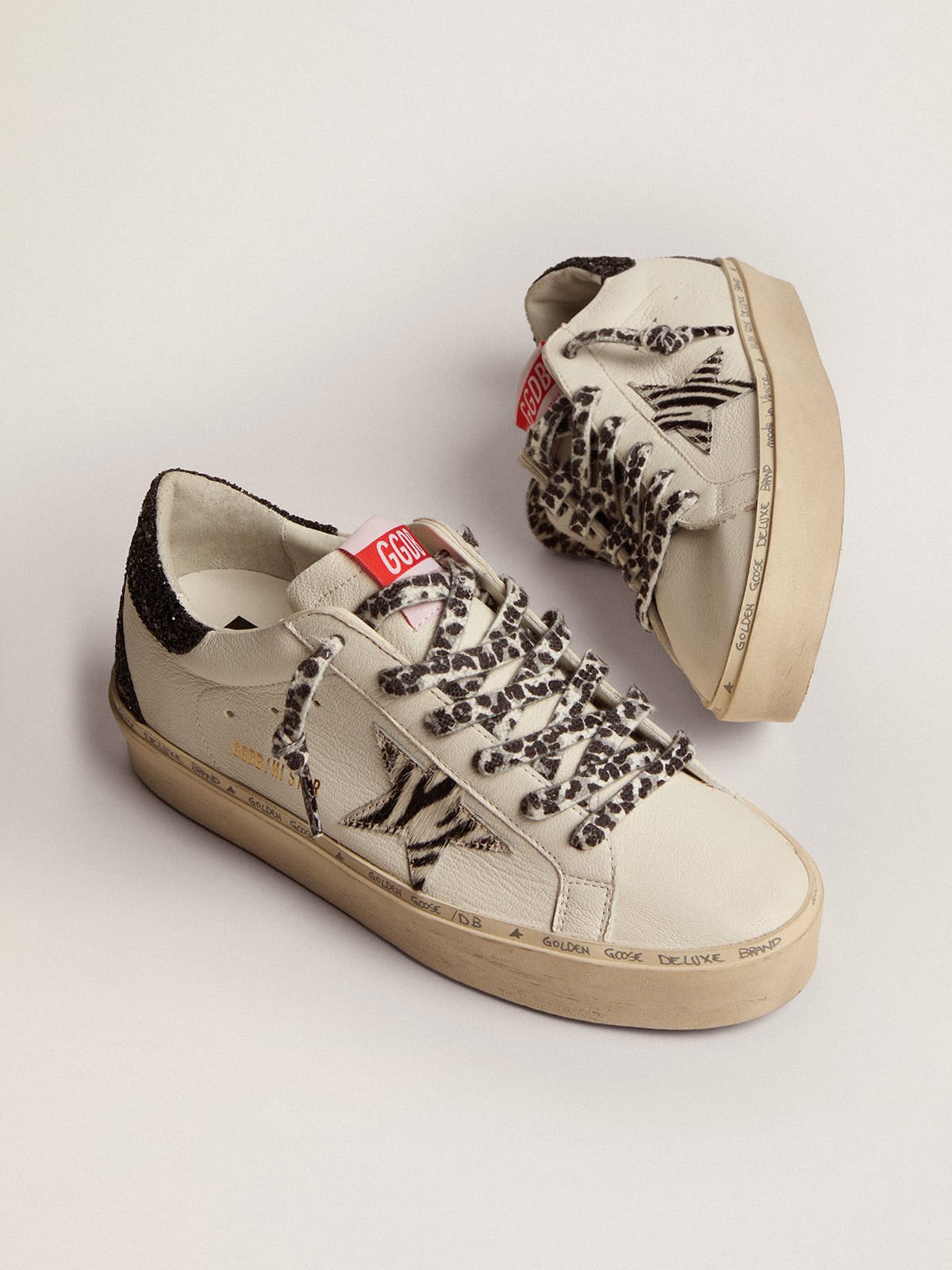 Golden Goose - Women's Hi Star with zebra print pony skin star and glitter heel tab in 