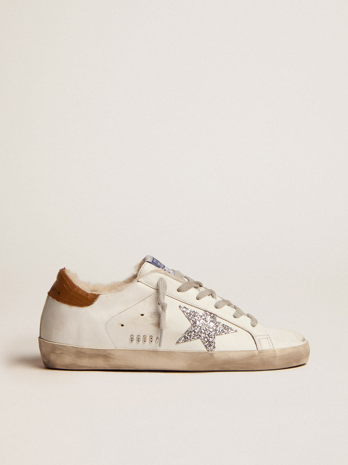 Golden Goose - Super-Star sneakers with shearling lining, silver glitter star and lizard-print dove-gray leather heel tab in 