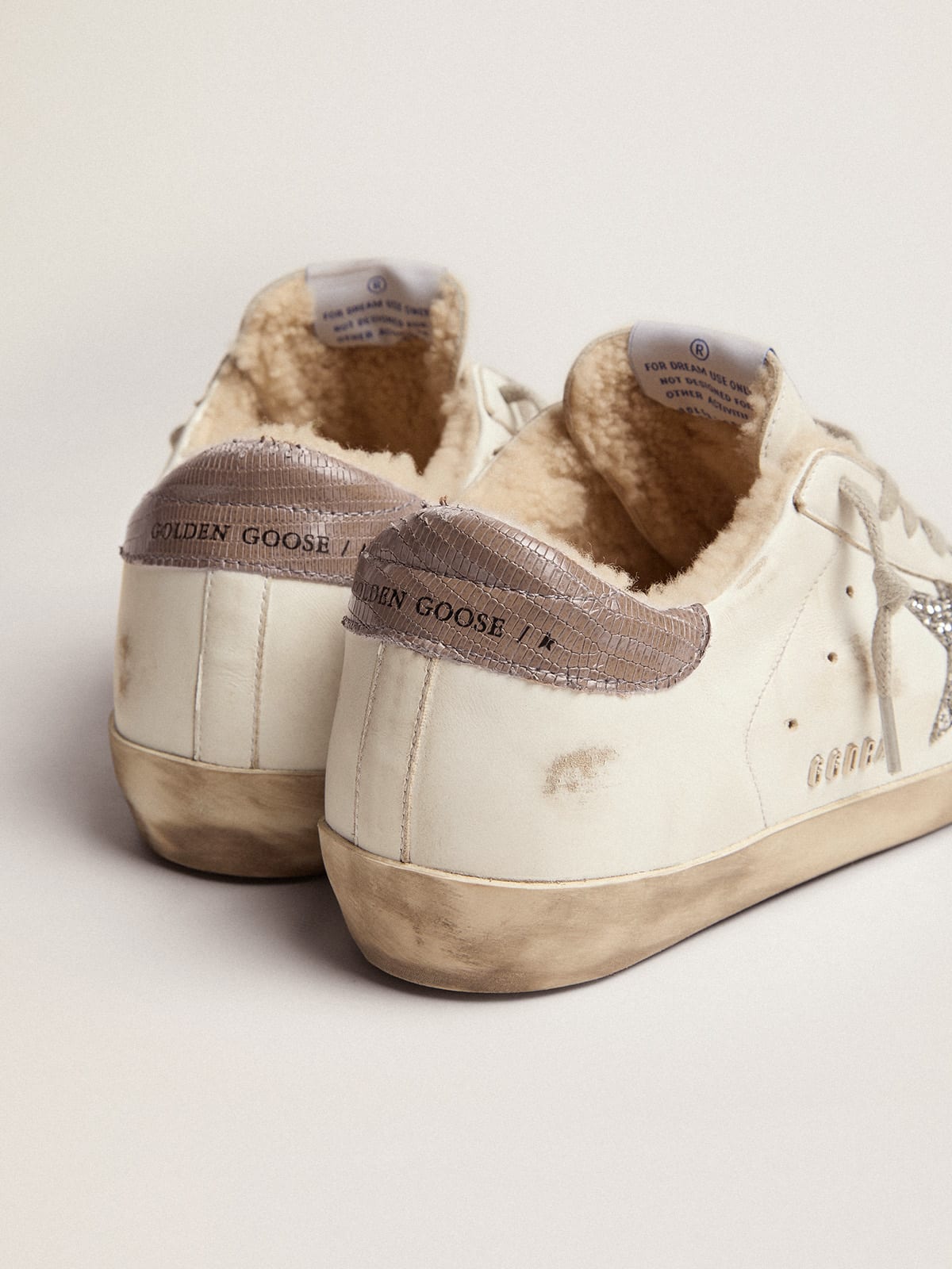 Golden Goose - Super-Star sneakers with shearling lining, silver glitter star and lizard-print dove-gray leather heel tab in 