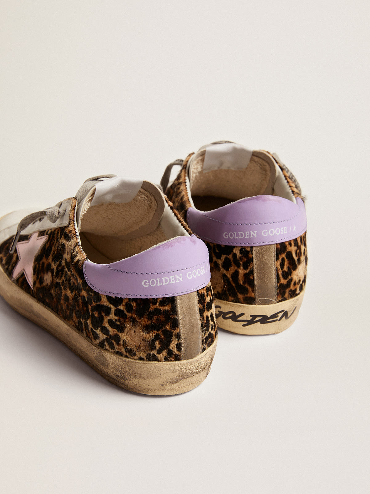 Golden Goose - Super-Star LTD sneakers in leopard-print pony skin with salmon-colored laminated leather star and purple leather heel tab in 