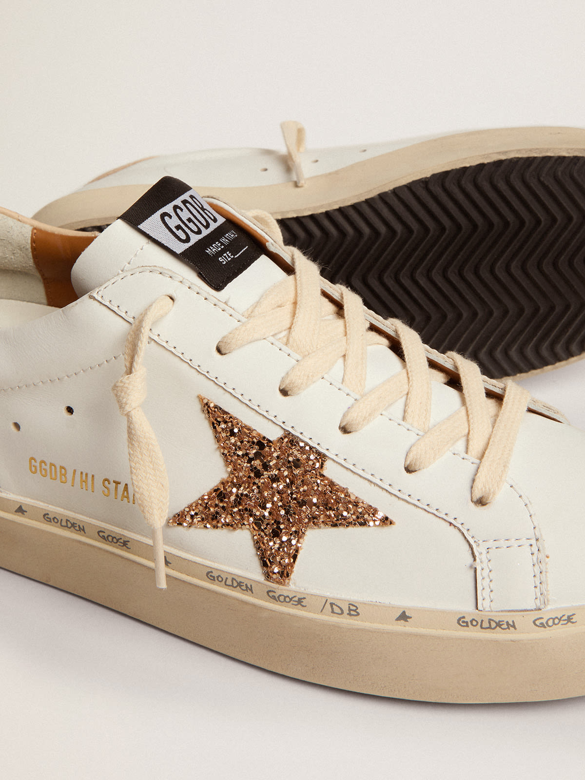 Hi Star Sneakers With Gold Glitter Star And Beige Leather Heel Tab Golden Goose