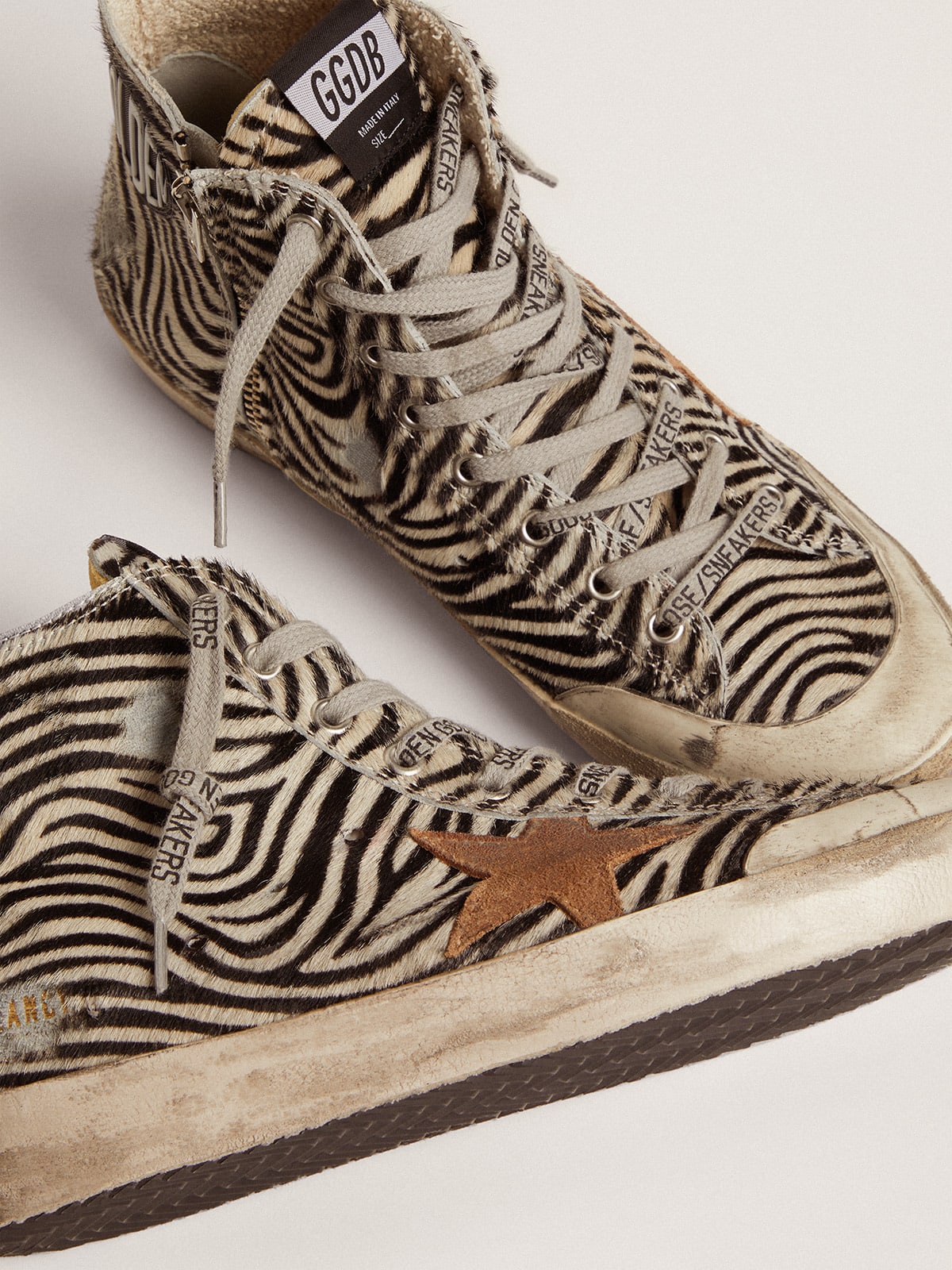 Golden Goose - Francy Penstar LTD sneakers in zebra-print pony skin with tobacco-colored suede star and black leather heel tab in 