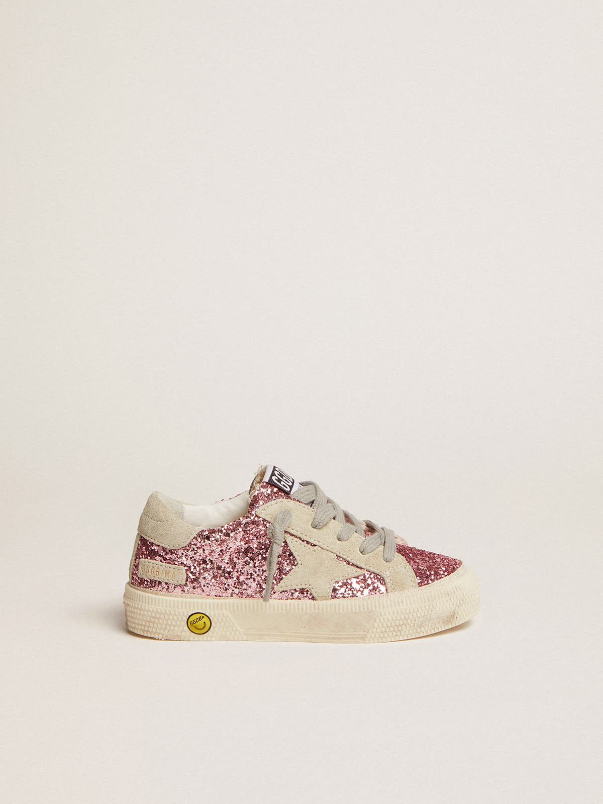 May sneakers in pink glitter with star and heel tab in ice gray suede