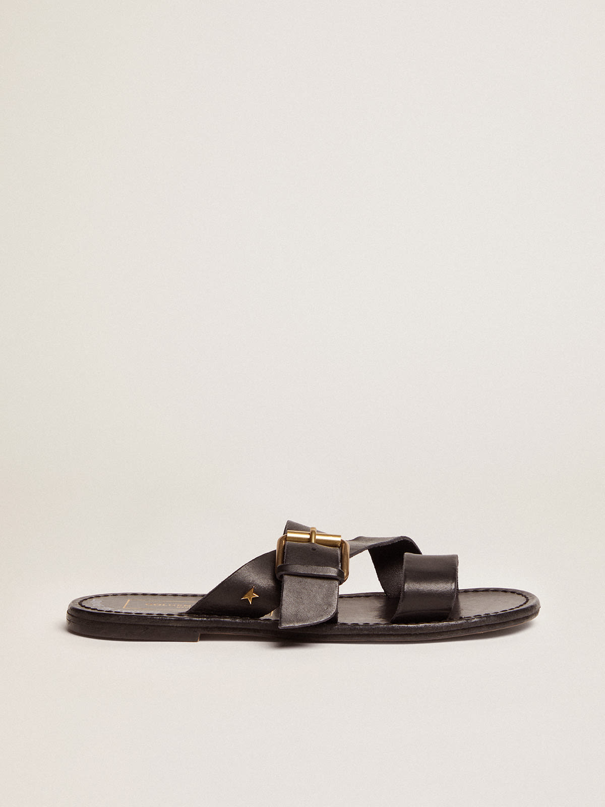 Black leather flat sandals with buckle Margaret Golden Goose