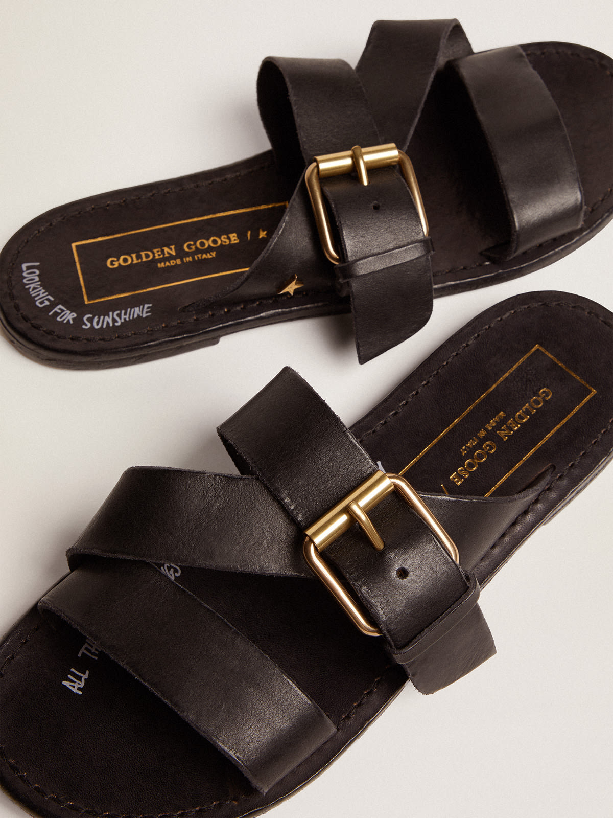 Golden Goose - Women's flat sandals in black resin-coated leather in 