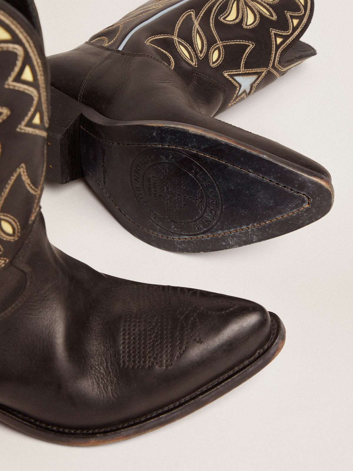 Golden Goose - Women's Wish Star low boots in black leather with yellow details in 