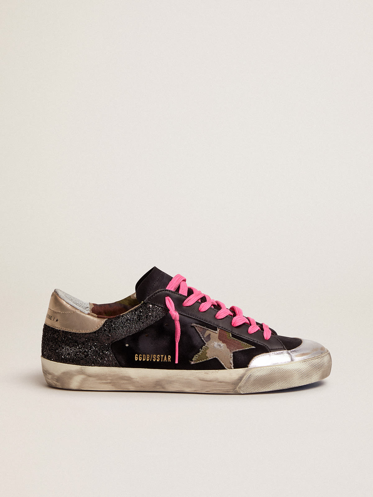 Men\'s Super-Star in black glitter and suede with camouflage star | Golden  Goose