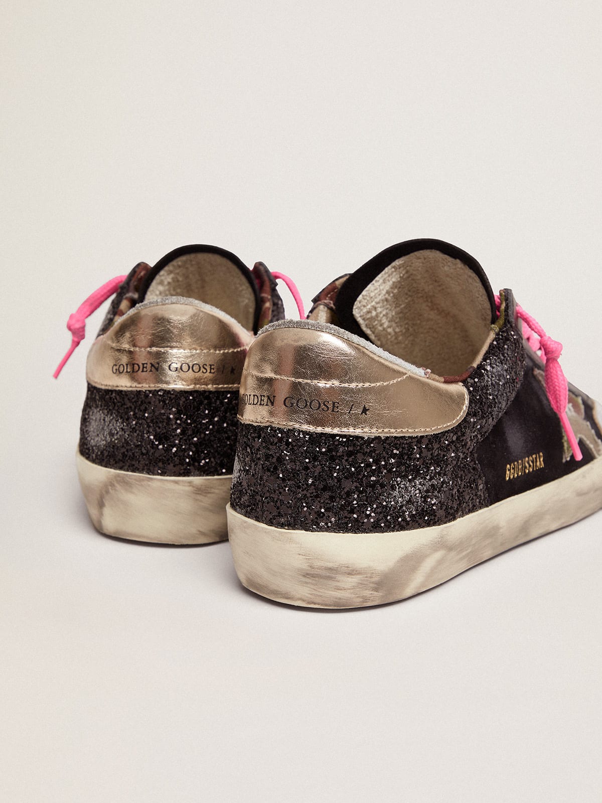 Golden Goose - Men's Super-Star in black glitter and suede with camouflage star in 