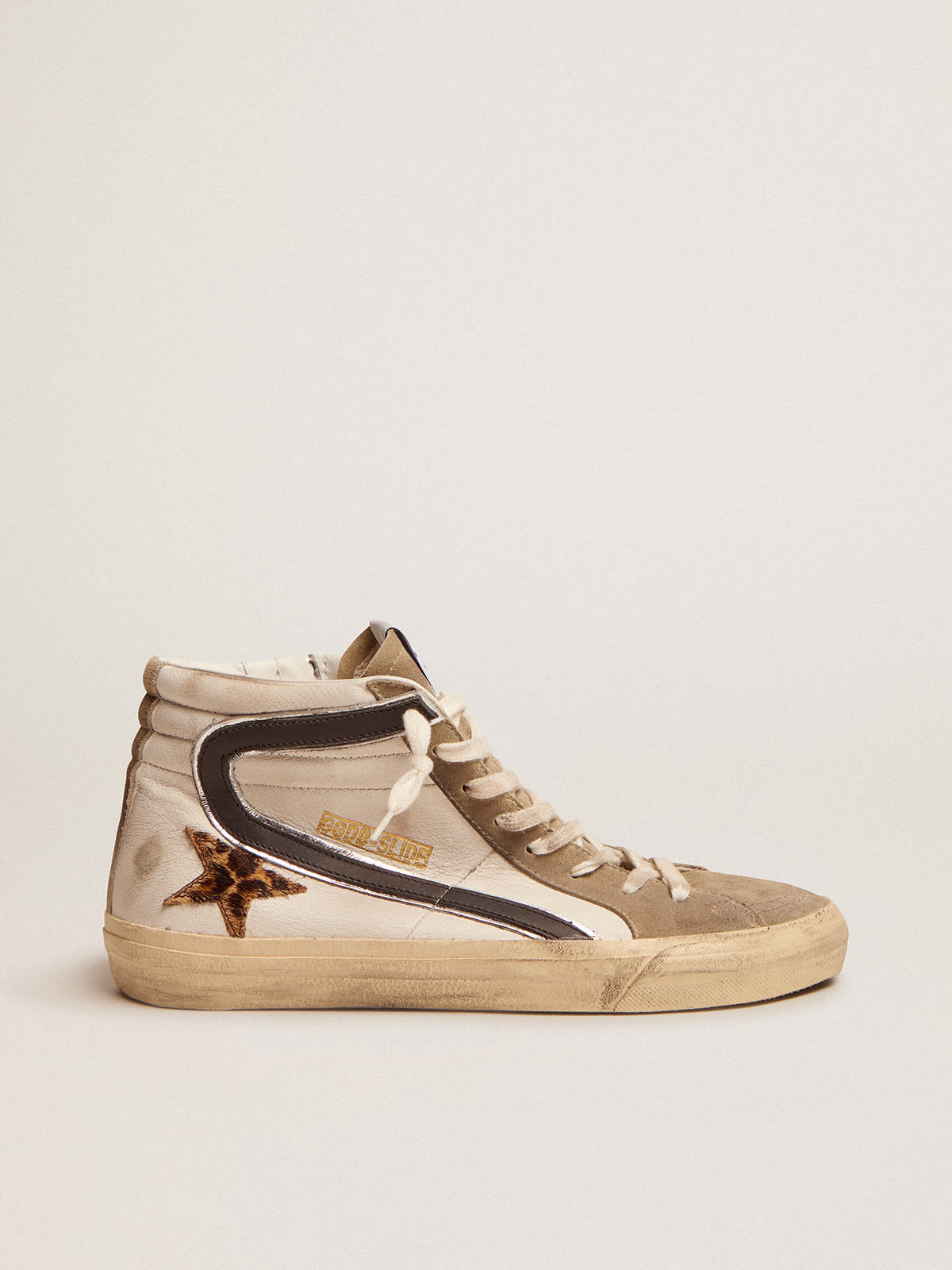 Golden Goose - Slide sneakers with leopard-print pony skin star and black leather flash in 