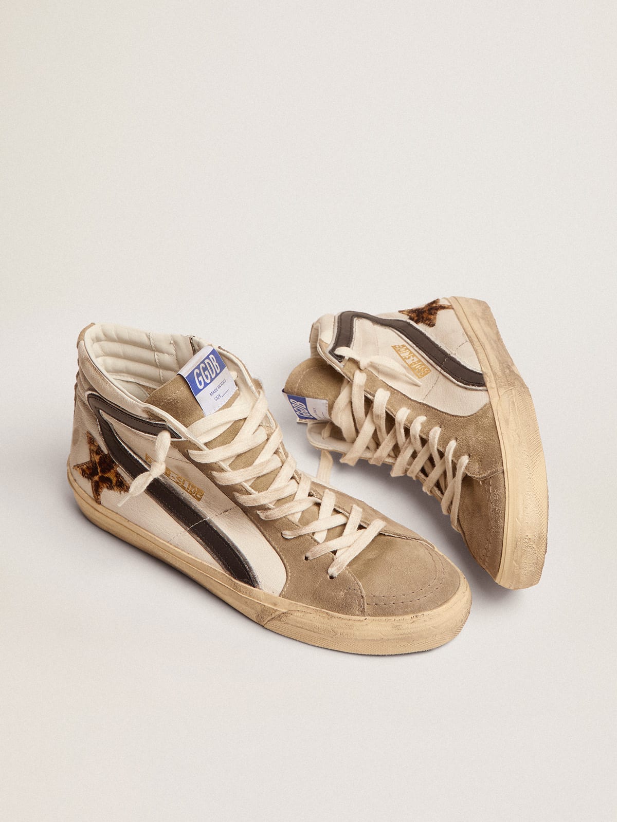 Golden Goose - Slide sneakers with leopard-print pony skin star and black leather flash in 